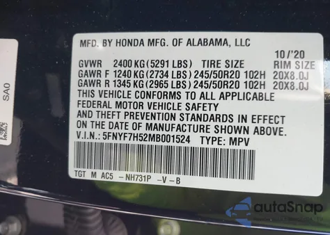 2021 Honda Passport Exl from USA, damaged, VIN 5FNYF7H52MB001524